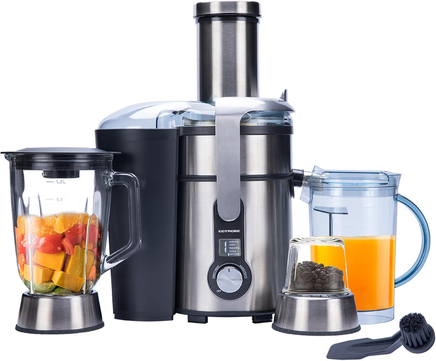 GOTMORE Juicer Machine, Blender & Grinder Combo 3 in 1 for Smoothies, Juice, Processing, Grinding & More 1300W Centrifugal Juice Extractor for Fruit Vegetable with 5 Speeds LCD Screen, Easy to Clean