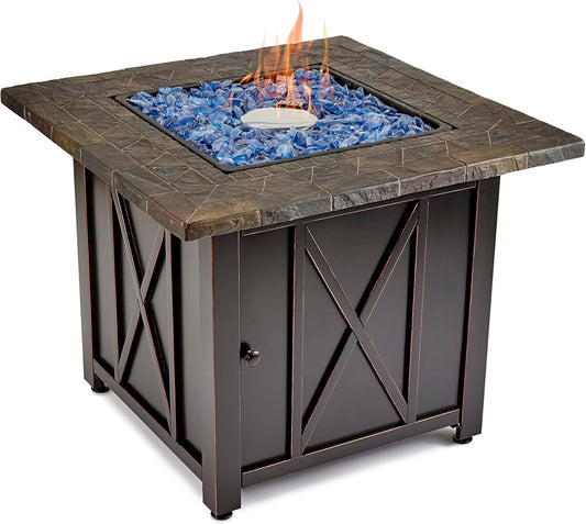 Endless Summer 30 Inch Square 30,000 BTU Liquid Propane Gas Outdoor Fire Pit Table w/Push Button Ignition, Blue Fire Glass, & Steel Fire Bowl, Bronze