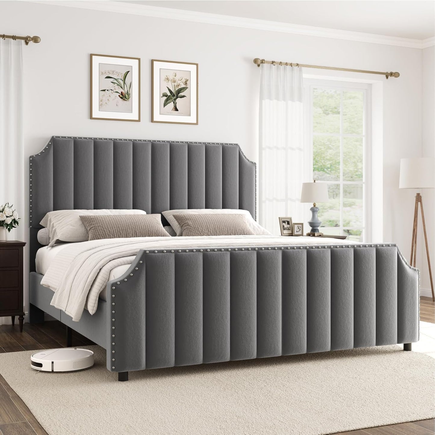 Qeetex Queen Size Platform Bed Frame with 50.2 inch Headboard Velvet Upholstered Bed Frame Queen with Vertical Channel Tufted Headboard and Footboard Nailhead Trim No Box Spring Needed Grey