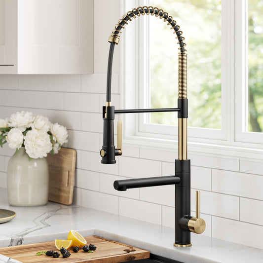 Kraus Artec Pro Brushed Brass / Matte Black Single Handle Deck-mount Pull-down Kitchen Faucet with Sprayer