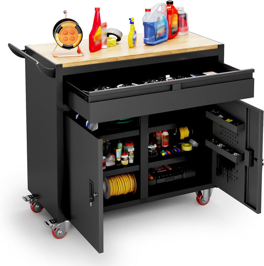 46in Metal Tool Chest with Wood Top & Drawer & Key, Rolling Tool Cart Workbench with Lockable Wheels, Mobile Storage Cabinet, Heavy Duty Toolbox Organizer for Garage Workshop, Black