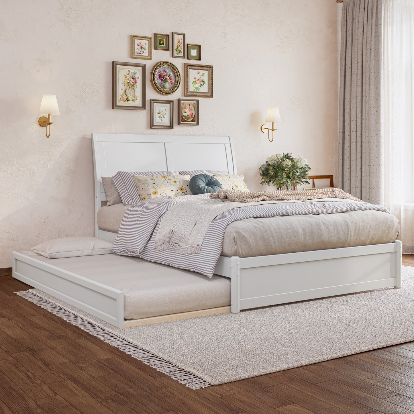 AFI Full White Wood Trundle Bed with Headboard