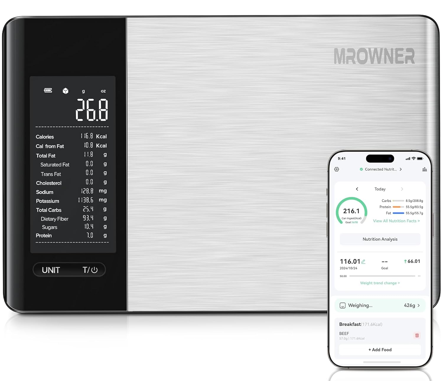 Smart Food Kitchen Scale with Nutritional Calculator, Free App with 19 Nutrients Tracking, Calorie, Marco, Digital Weight Grams and Ounces for Weight Loss, Premium Stainless Steel, 22lb