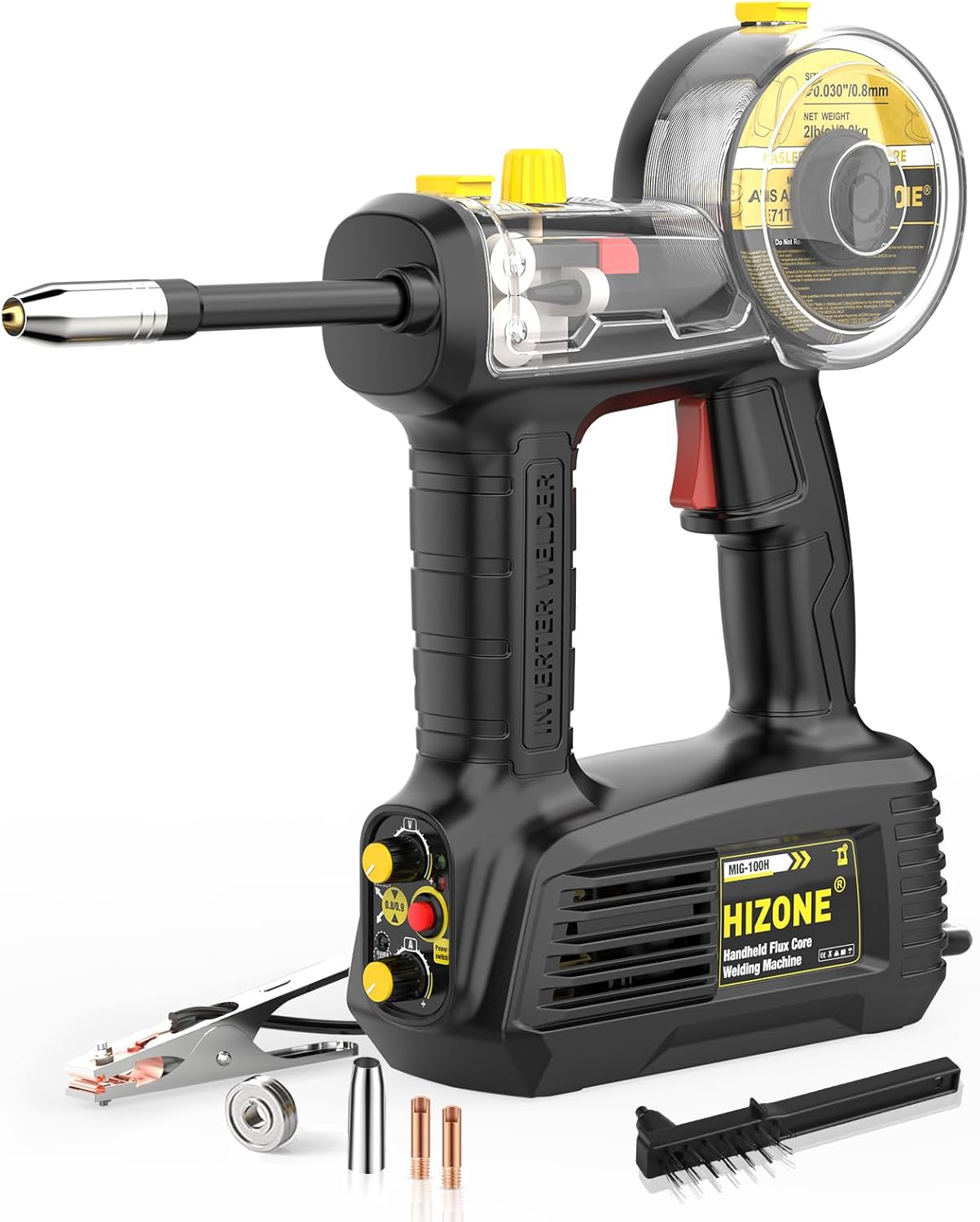 Hand Held MIG Welder Machine 110V, HIZONE 100A Flux Core Portable Welding Machine, Handheld Gasless Inverter Wire Feed Welding Equipment