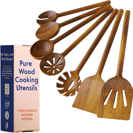 Non-Toxic Wooden Spoons for Cooking– 7-Piece Kitchen Utensils Set, Glue-Free & One-Piece Cooking Utensils, Natural Wooden Utensil Set with Plant-Based Finish, Free of Forever Chemicals