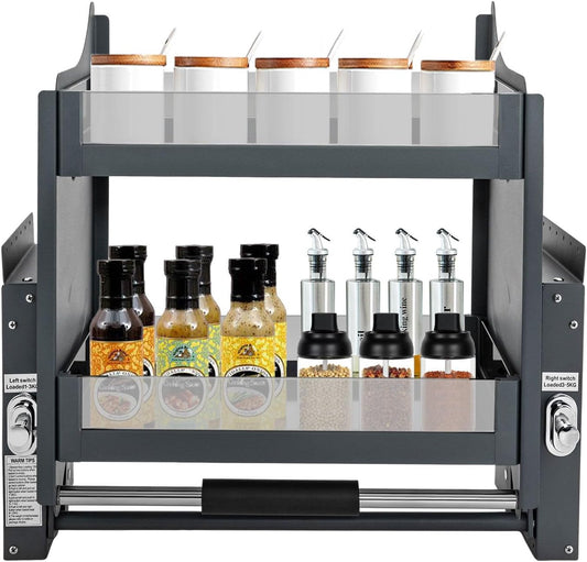LOYALHEARTDY 2-Tier Pull Down Shelf, Kitchen Pull Down Cabinet Organizer Metal Drop Down Spice Rack for Kitchen Appliance Lift Upper Cabinet (for Cabinet Width ≥24"), Black
