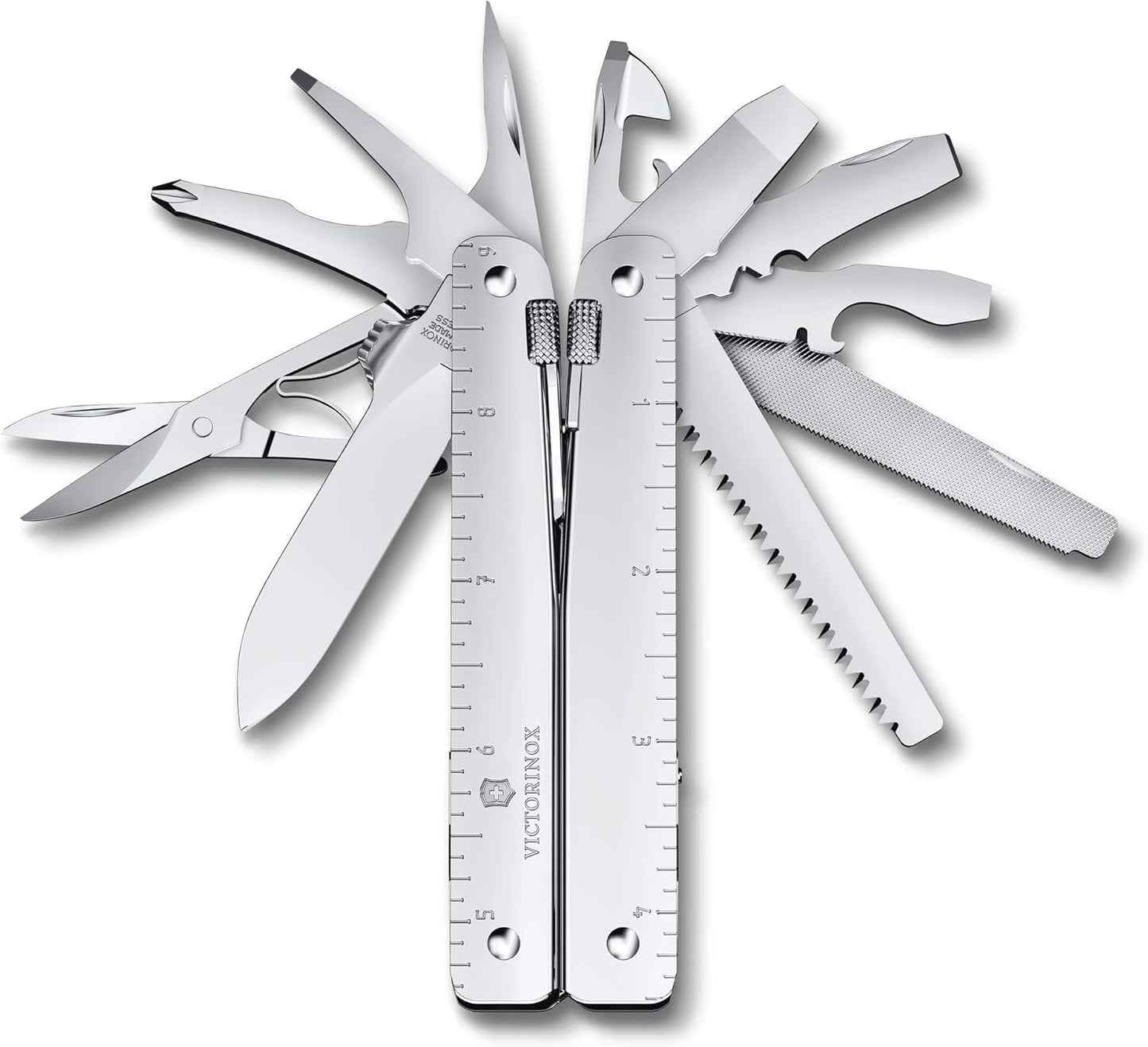 Victorinox Swiss Tool MX Swiss Army Knife, 26 Function Swiss Made Multitool with Large Blade, Pliers and Wire Cutter - Silver with Nylon Pouch