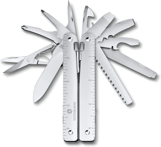 Victorinox Swiss Tool MX Swiss Army Knife, 26 Function Swiss Made Multitool with Large Blade, Pliers and Wire Cutter - Silver with Nylon Pouch