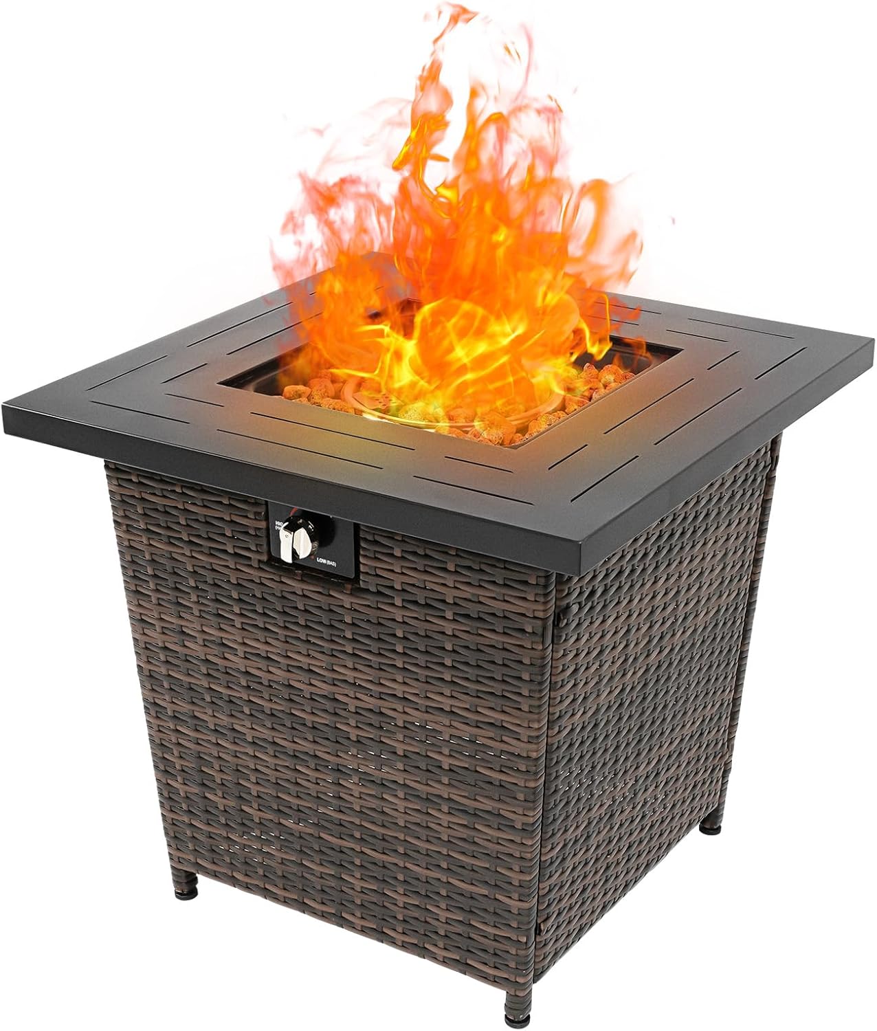 28inch Wicker Square Fire Pit Table, 40,000 BTU Outdoor Wicker Patio Propane Firepit Steel Tabletop, Brown