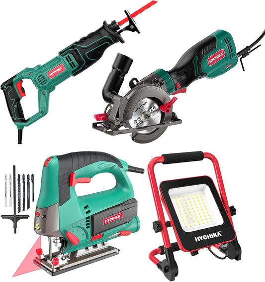 HYCHIKA 6.7A Jig Saw, Reciprocating Saw, 6.2A Mini Circular Saw with 3 Blades,50W LED Work Light, 4-Tool Power Tool Set Combo Kit