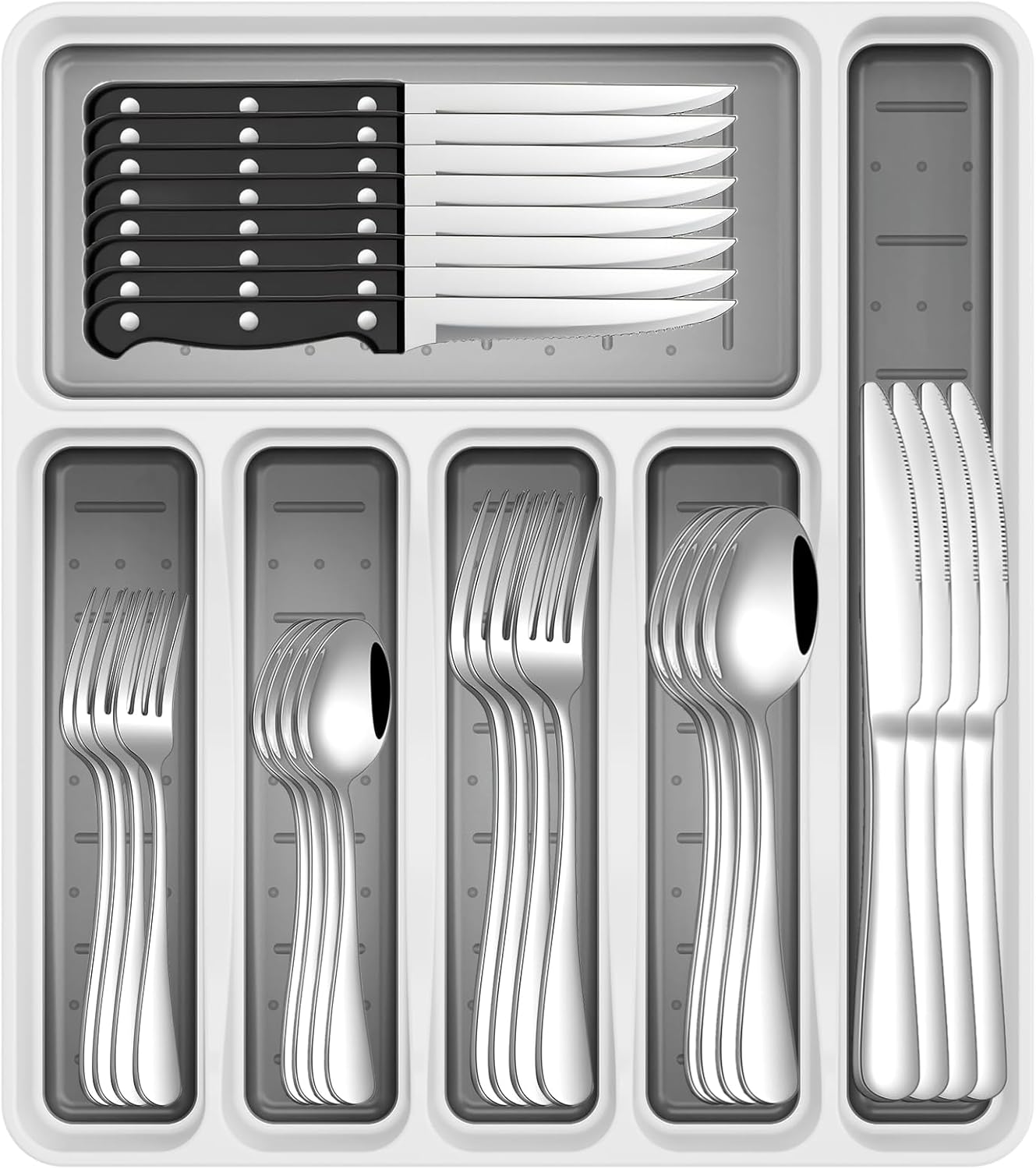 49-Piece Stainless Steel Silverware Set with Cutlery Organizer, Service for 8 with Steak Knives and Kitchen Utensils
