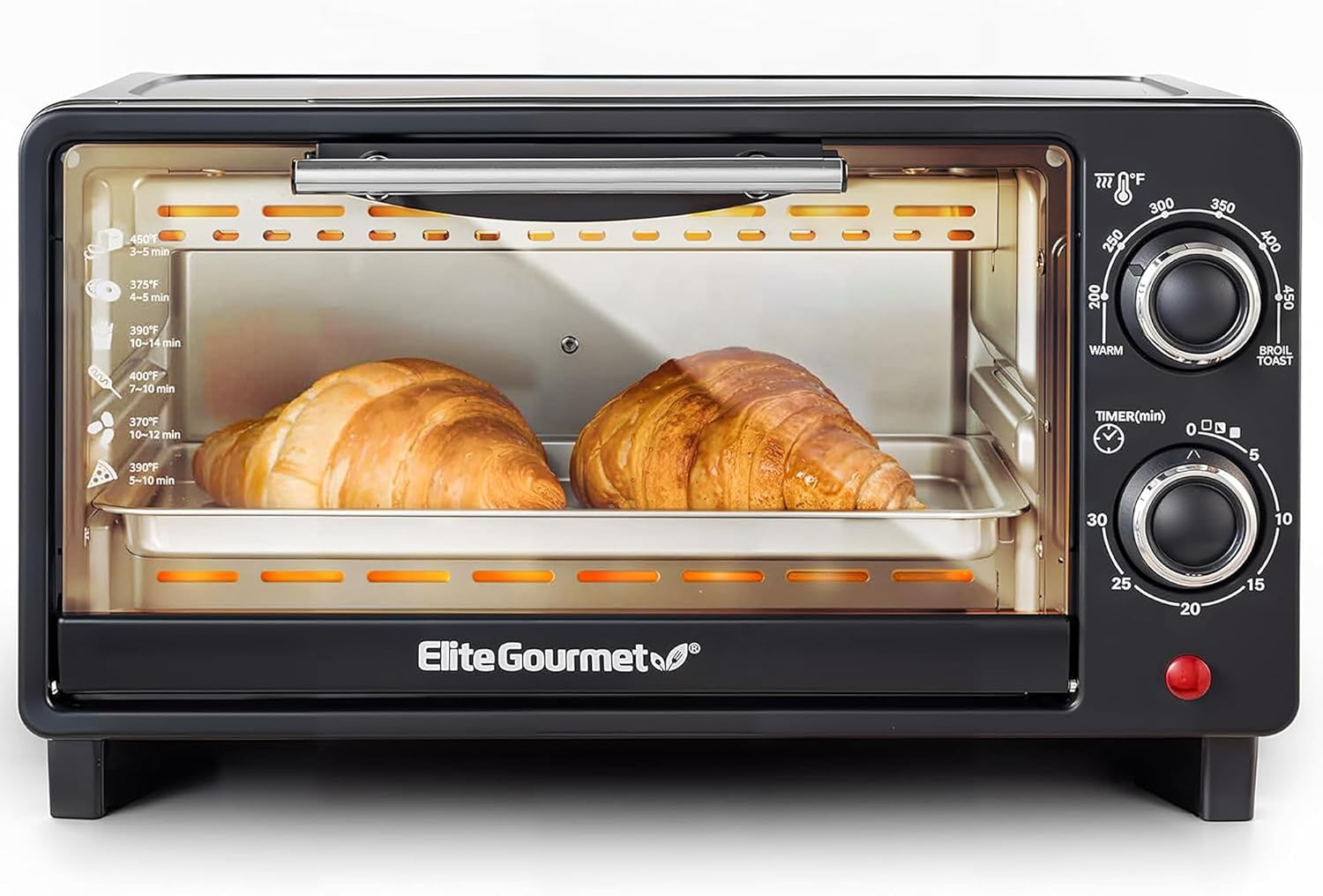 Elite Gourmet ETO490 9L\/4 Slice Countertop Toaster Oven with 30-Minute Timer, Adjustable Temperature Control, Includes Baking Pan and Wire Rack, Bake, Broil, Toast, Black