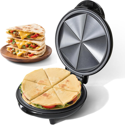 Electric Quesadilla Maker Taco Tuesday, 9.5'' Quesadilla Press Non-Stick, Easy-Slice 6-Wedge Tortilla Cooker, Grilled Cheese Corn Flour Tortilla Snacks, Black