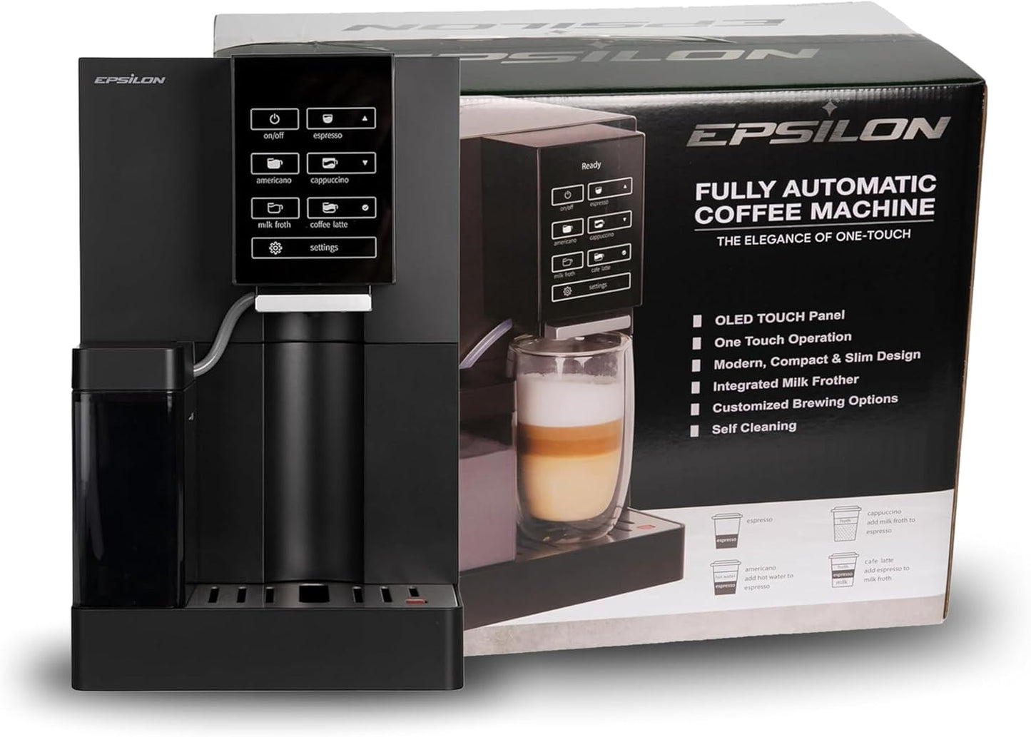 Epsilon Fully Automatic Coffee Machine with Grinder, Coffee & Espresso Maker Combo, Built-In Milk Frother, One Touch Self Cleaning, Super Automatic Custom Brewing Coffee Machine