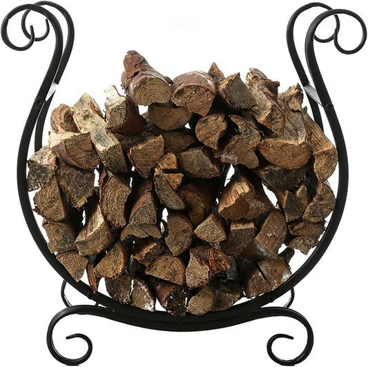 15inch Tall Metal Firewood Rack Stand Black, Vertical Log Holder Storage Heavy Duty Wrought Iron Frame, Easy Install