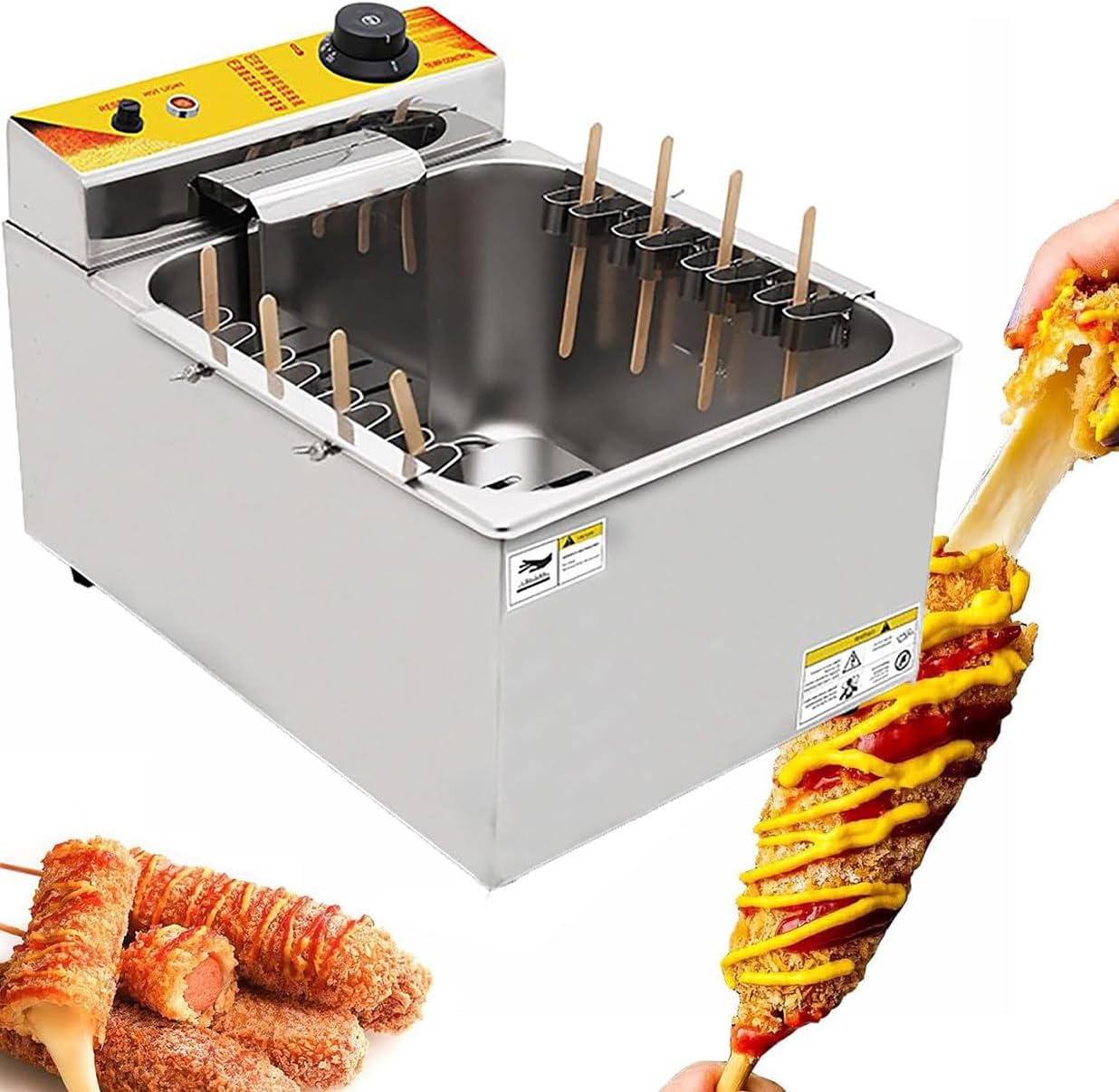 1900W Countertop Stainless Steel Commercial Kitchen Fat Fryer, 12L Large Capacity Electric Deep Hot Corn Dog Fryer, 8pcs Sausage Frying Equipment, Adjustable Temperature