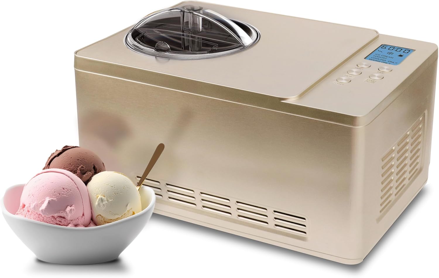 Whynter Ice Cream Maker Machine & Yogurt Automatic 2 Qt. with Built-in Compressor, LCD Digital Display & Timer, No Pre-Freezing, ICM-220CGY, Champagne Gold