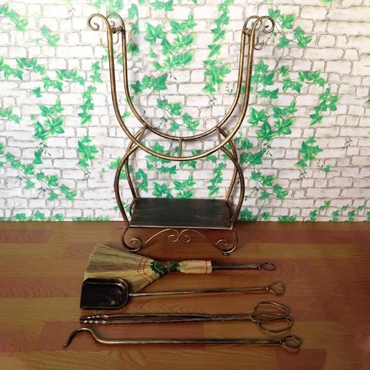 Metal Firewood Rack Set, Indoor & Outdoor Fireside Wood Storage Organizer with 4 Fireplace Tools, Black Copper Log Holder, No Need to Install(