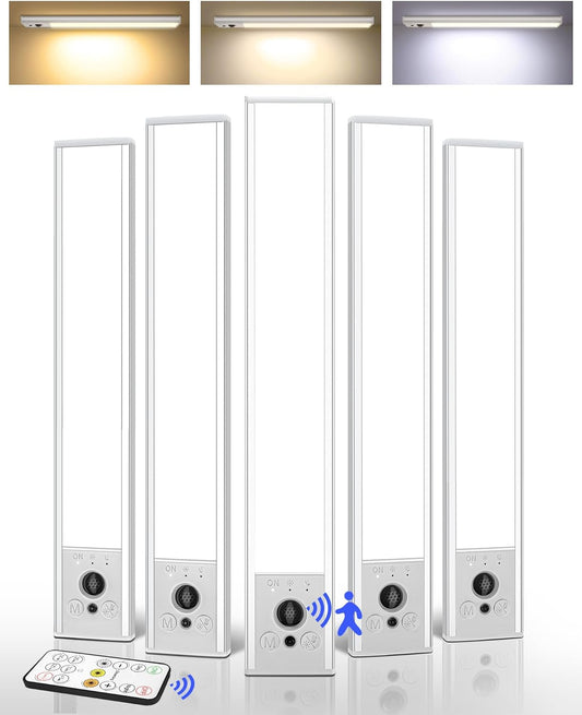 EZVALO 5 Pack Under Cabinet Lighting, 2400mAh Rechargeable Motion Sensor Light, 10inch Magnetic Closet Lights with Dimmable & 3 Color Temps, Wireless Motion Activated Lights with Remote for Kitchen