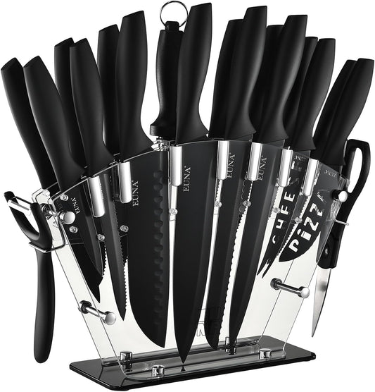 EUNA Kitchen Knife Set, 19 PCS Black Knife Set with Acrylic Block and Sharpener, German High-Carbon Stainless Steel Knife Sets with 6 Serrated Steak Knives, Bread Knife, Chef Knife, Dishwasher Safe