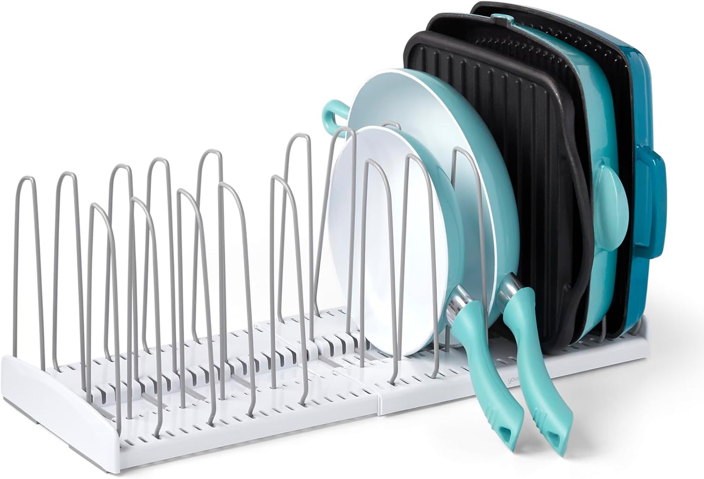 YouCopia StoreMore Expandable Cookware Rack with Tall Steel Wires, 12.5"-22" Wide Adjustable Pan Organizer for Kitchen Cabinet Storage, Classic Edition
