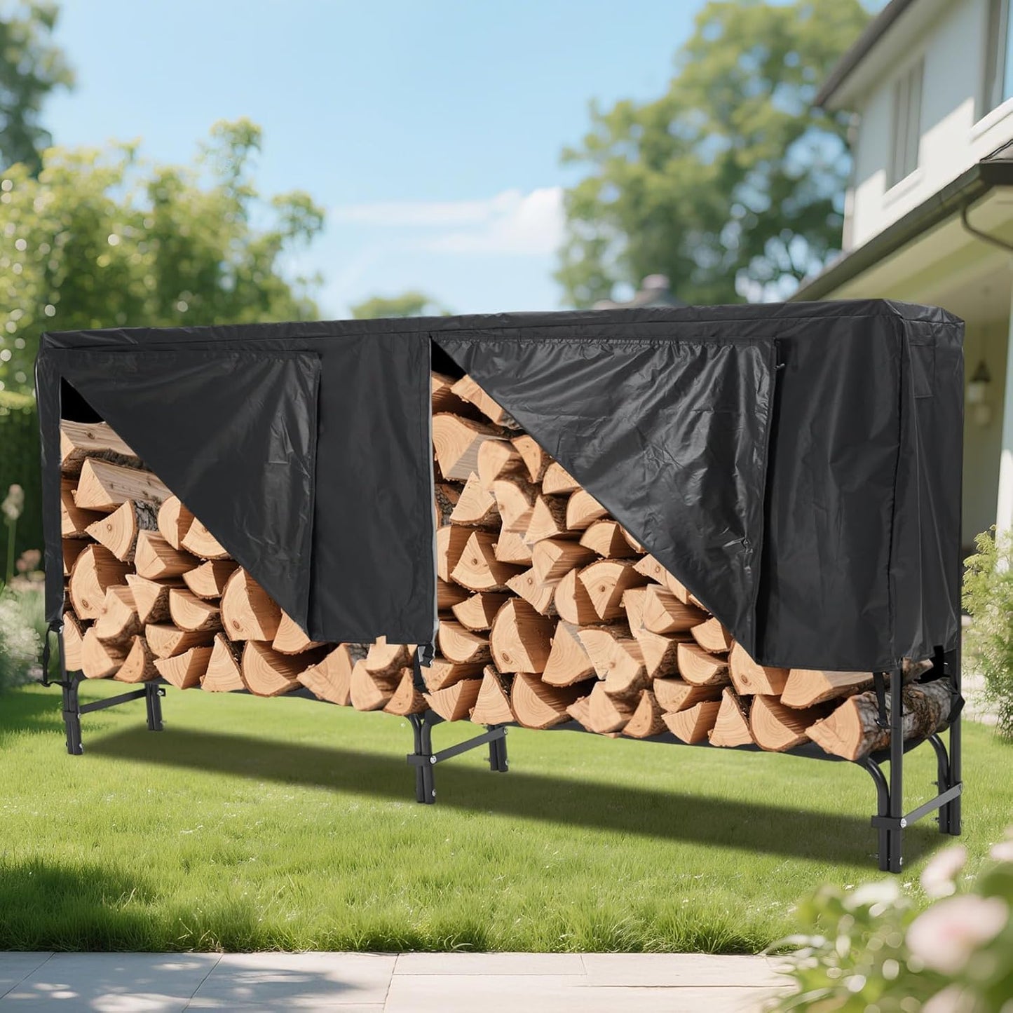 Firewood Rack 8 ft Outdoor & Indoor Log Holder Heavy Duty Word Organizer with Weatherproof Cover Steel Mesh Storage for Fireplace, Patio, Durable Wood Stacker, Ventilation Design - Easy Assembly