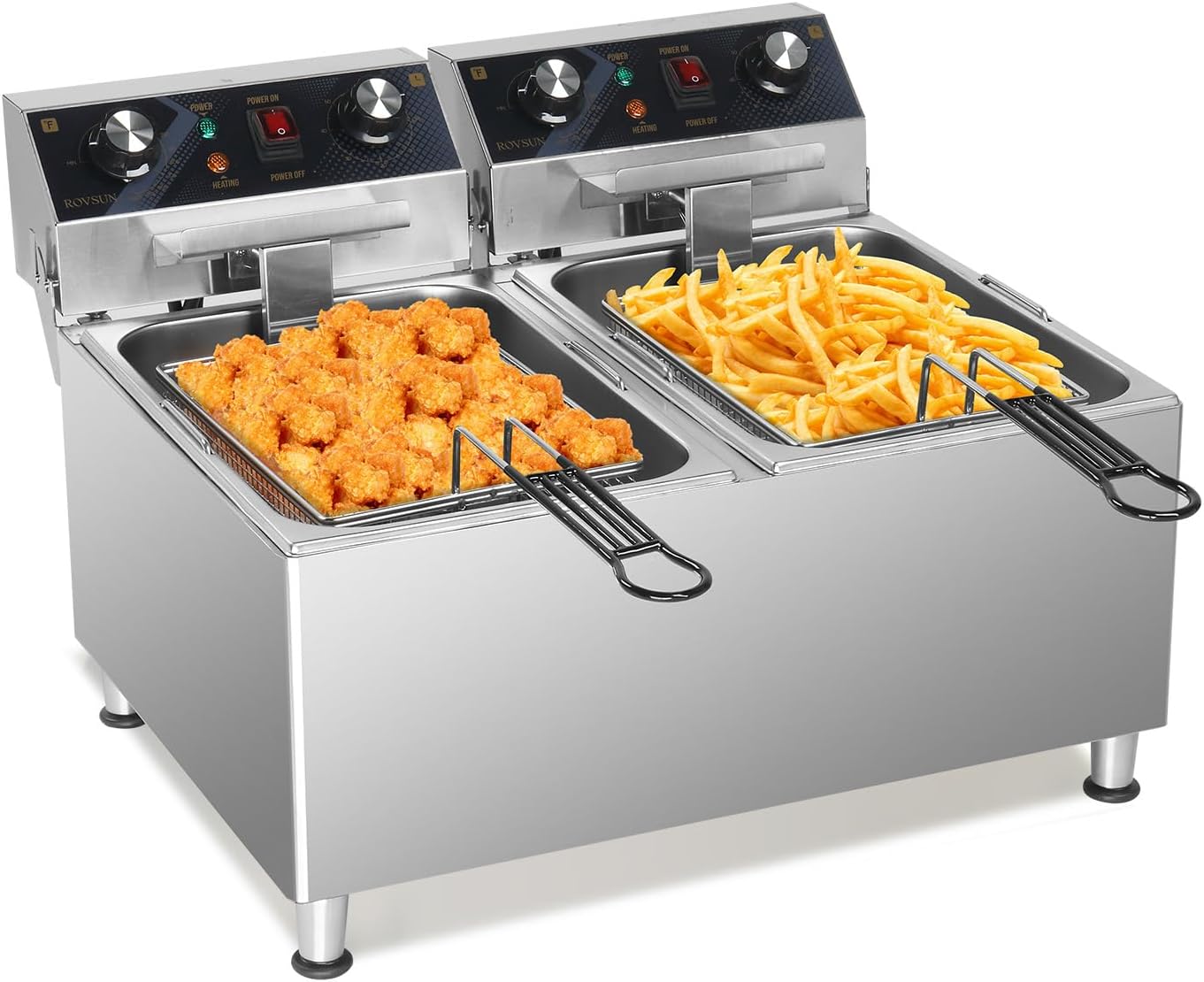 ROVSUN 36QT Electric Deep Fryer 240V, 6600W Dual Tank Commercial Deep Fryer w\/ 60-Min Timer Overheat Protection Adjustable Feet, Temp Control & Baskets, Stainless Steel Countertop Fryer for Restaurant
