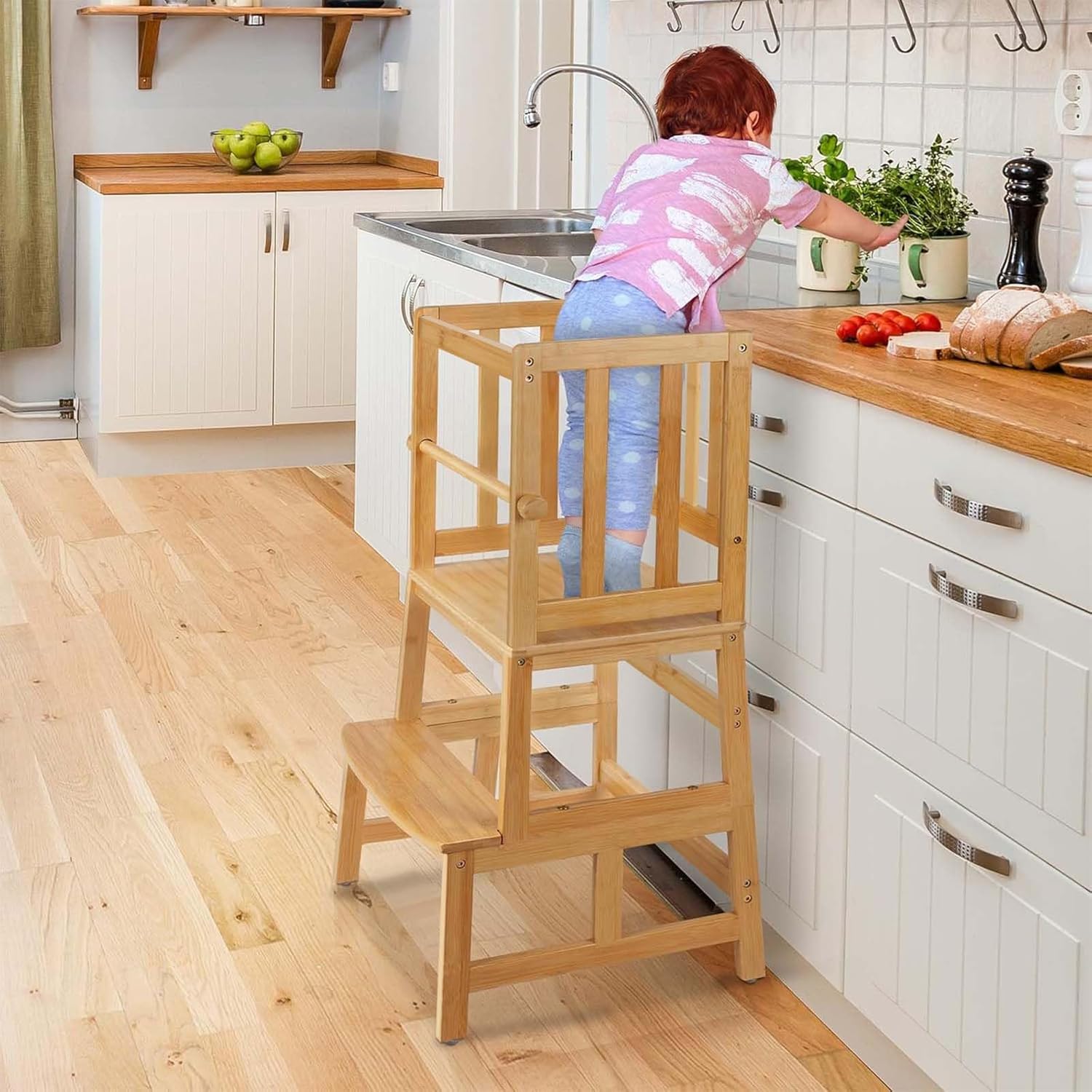 COSYLAND Kids Kitchen Step Stool，Toddler Standing Tower with CPC Certification, Removable Anti-Drop Railing Safety Rail Enjoys Unique Patented Design A Anti-tip Structure More Stable, Natural Bamboo