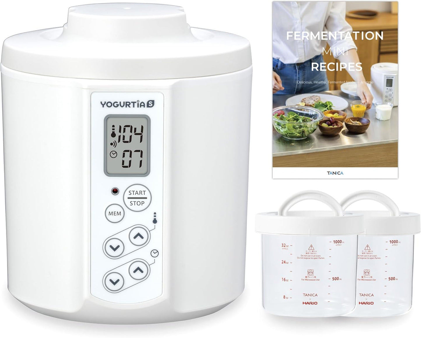 [TANICA] YOGURTiA Fermented Food Maker (1.1L, White, Made in Japan) - Yogurt, Miso, Amazake, Soy Sauce Koji, 2 Glass Pots + Onsen Eggs Stand + Recipes