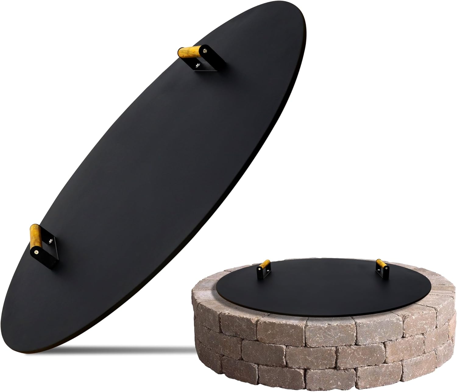 Fire Pit Lid 34 Inch – Round Metal Cover with Wooden Handles, Weather-Resistant Snuffer Lid for Outdoor Bonfire & Propane Fire Pits, Doubles as Table Top