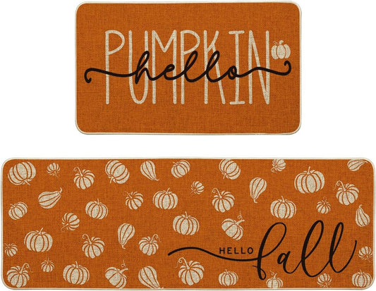 Artoid Mode Orange Hello Pumpkin Fall Kitchen Mats Set of 2, Autumn Home Decor Low-Profile Kitchen Rugs for Floor - 17x29 and 17x47 Inch