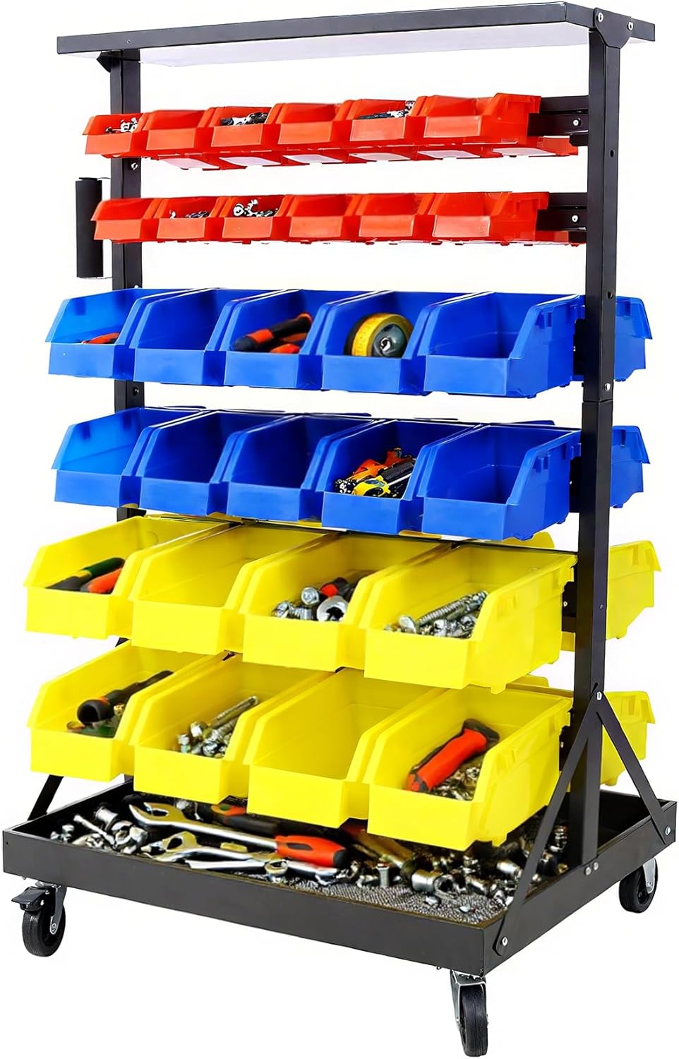Fulocseny 60 Parts Bin Rack Garage Storage Unit 6-Tier Dual-Sided Rolling Steel Shelf 350 lbs Capacity, with Portable Wheels, Mobile Tool Organizer Plastic Bins,6-Tier