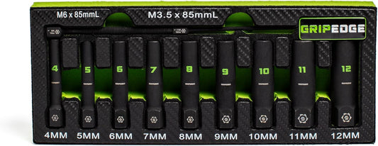 GRIPEDGE Tools | 9-PC - 1/4'' Drive Deep Metric RPT Socket Extractor Set | Sizes 4 – 12 MM | Removes Broken Studs, Stripped Bolts and Lug Nuts | Includes Premium EVA Foam Storage|