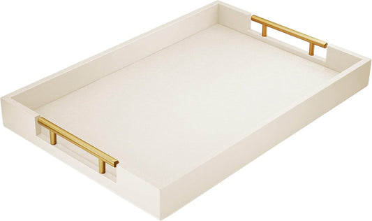 ATZYmolin 17" x 12" Wood Serving Tray with Gold Polished Metal Handles, Home Decorative Wooden Rectangle Ottoman Leather Decor Platter Bathroom Vanity Tray for All Occasions White