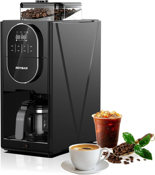 Coffee Maker with Grinder, Programmable Hot and Cold Coffee Maker with 22 oz Glass Carafe, Adjustable Fully Automatic grind and brew Coffee Machine with Timer, Black Americano Iced Coffee Machine