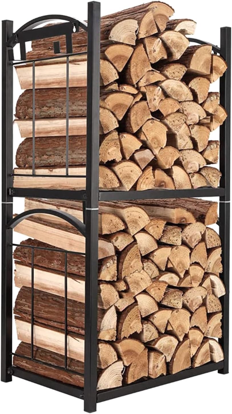 Metal Fireplace Wood Storage Holder for Large Capacity Fireside Log Stacker Stand Double Firewood Stacking Container for Backyard Porch or Garage.(