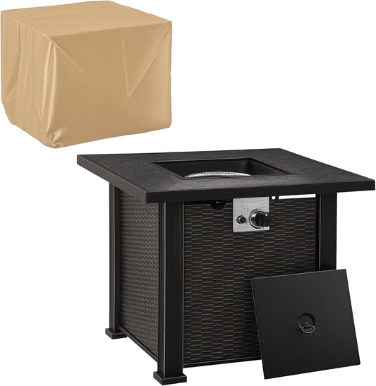 Outsunny 30 Inch Outdoor Propane Gas Fire Pit Table, 50,000 BTU Auto-Ignition Square Wicker-Effect Gas Firepit with Ceramic Tabletop, Lid, Lava Rocks & Rain Cover, CSA Certification