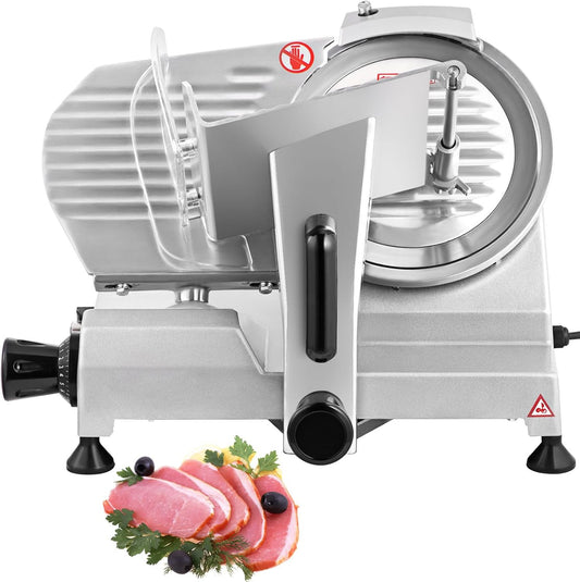 Happybuy Commercial Meat Slicer is 200W electric. It has an 8" carbon steel blade, 350-400RPM, and 0-0.47" adjustable thickness. For home and commercial use.
