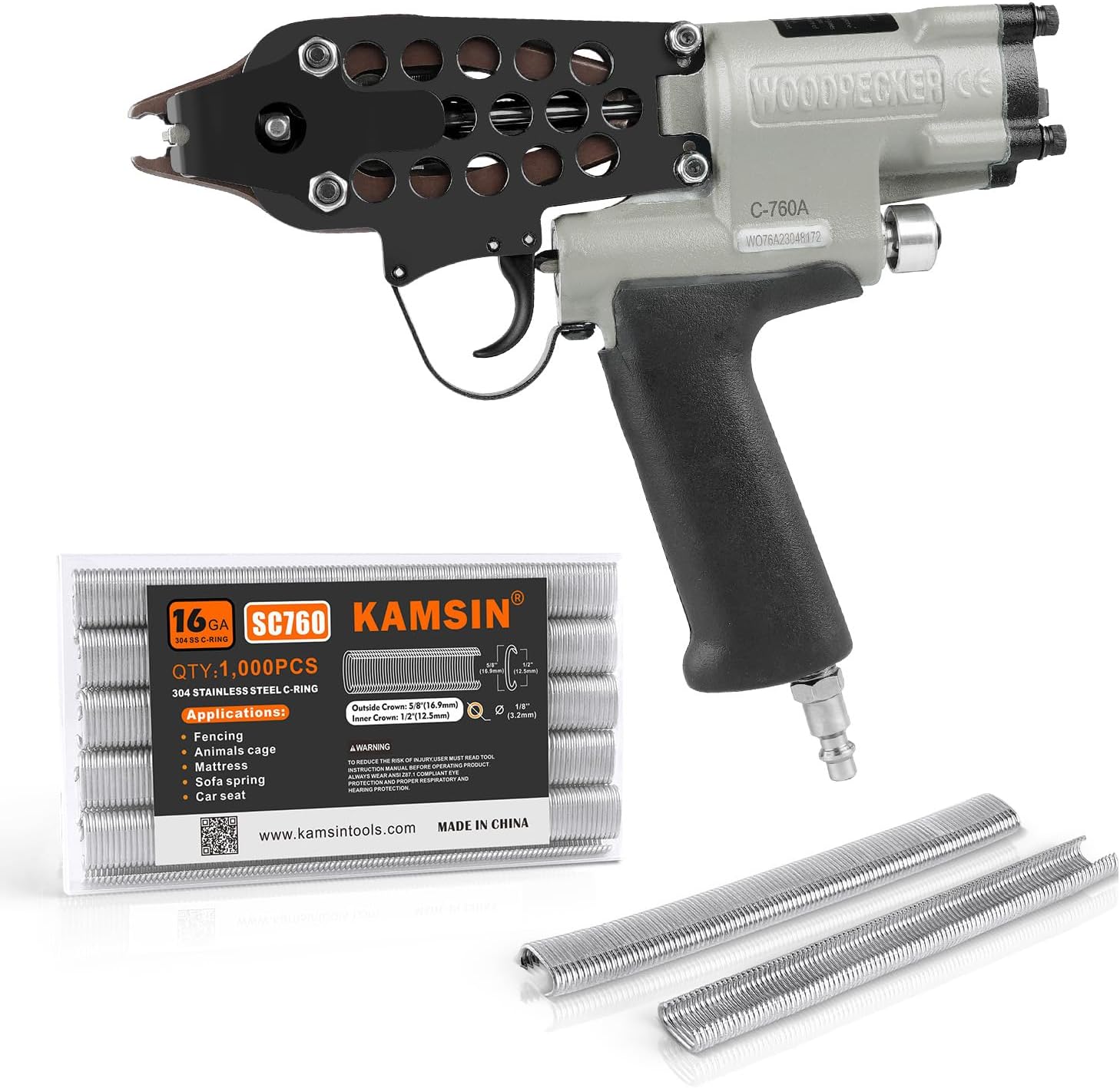 Woodpecker C-760A 16 Gauge Pneumatic Hog Ring Gun Kit, 1\/2-Inch Crown, with 1000PCS Staples, 3.0-4.0mm Closing Diameter, Air Hog Ring Plier Tool, C Ring Gun for Cages, Fencing, Car Seat