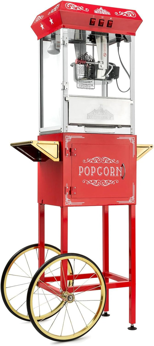 Olde Midway Vintage Style Popcorn Machine Maker Popper with Cart and 8-Ounce Kettle - Red