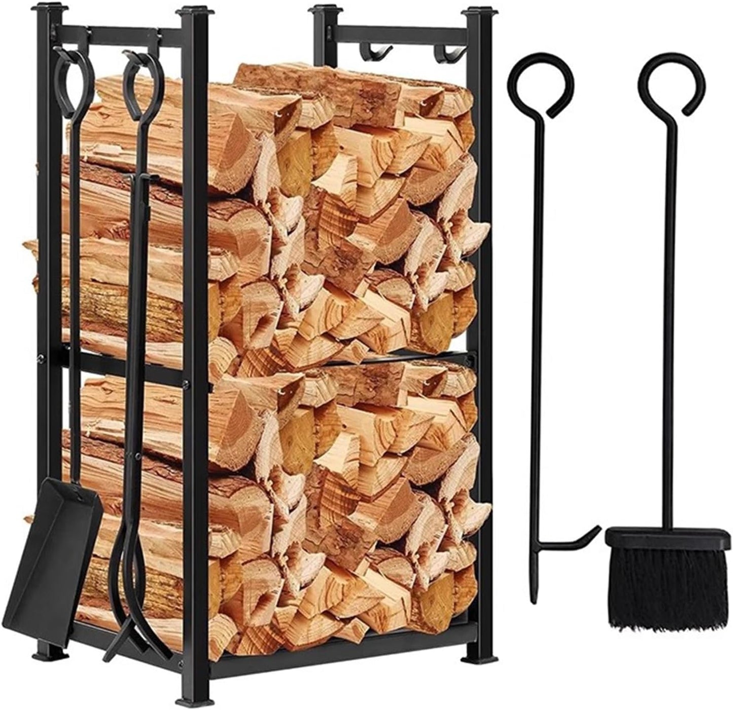 GTPBAO 2 Layers Firewood Racks with Firepit Tools Set, Log Stacking Holder for Wood Burning Stove/Back Yard Deck, Cast Iron