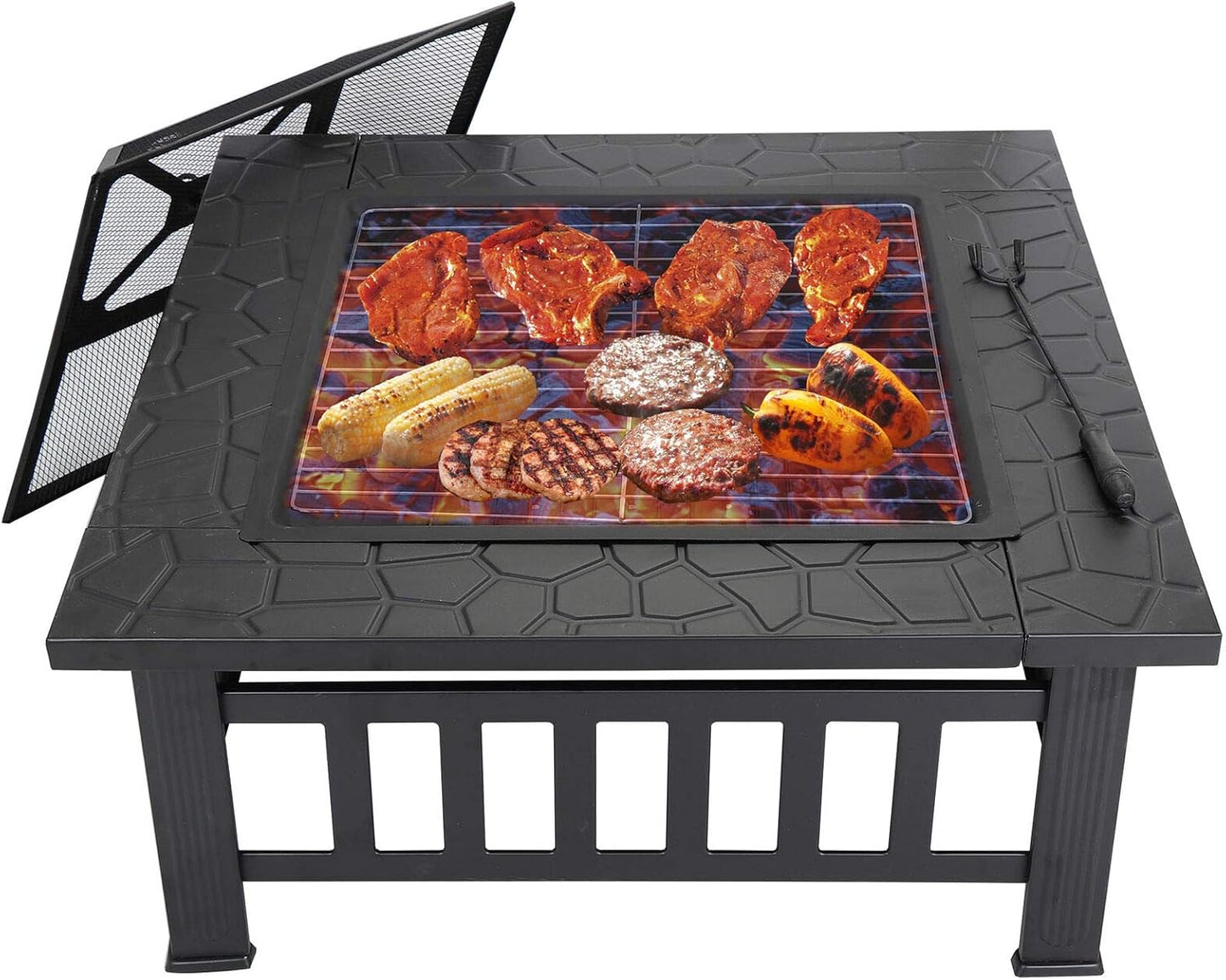 32" Outdoor Fire Pit Table with Grill, Wood Burning Fireplace Bowl, Multi-Function Square Stove, w/Spark Screen, Poker, Rainproof Cover for Picnic, Camp, Bonfire, BBQ, Patio, Backyard, Party