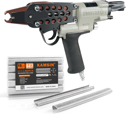 Woodpecker C-7EA 15 Gauge Pneumatic Hog Ring Gun Kit, 3\/4-Inch Crown Air Power Long Nose C Ring Gun, 7-8mm Closure Diameter Hog Ring Tool, Fencing Plier for Railing, Spring Mattress, Car Seat