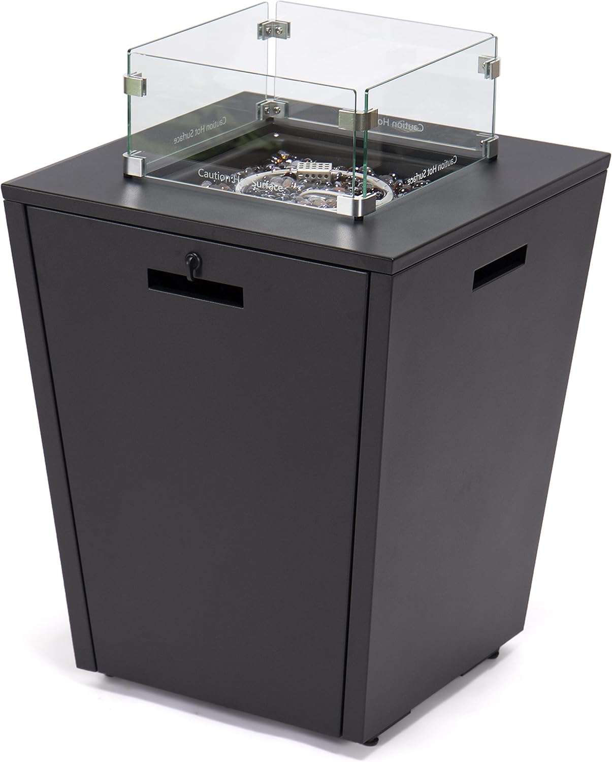 LeisureMod Chelsea 32" Modern Gas Fire Pit Table \u2013 37,000 BTU CSA Certified Propane Steel Outdoor Table with Tempered Glass Wind Guard and Lid for Patio (Black)