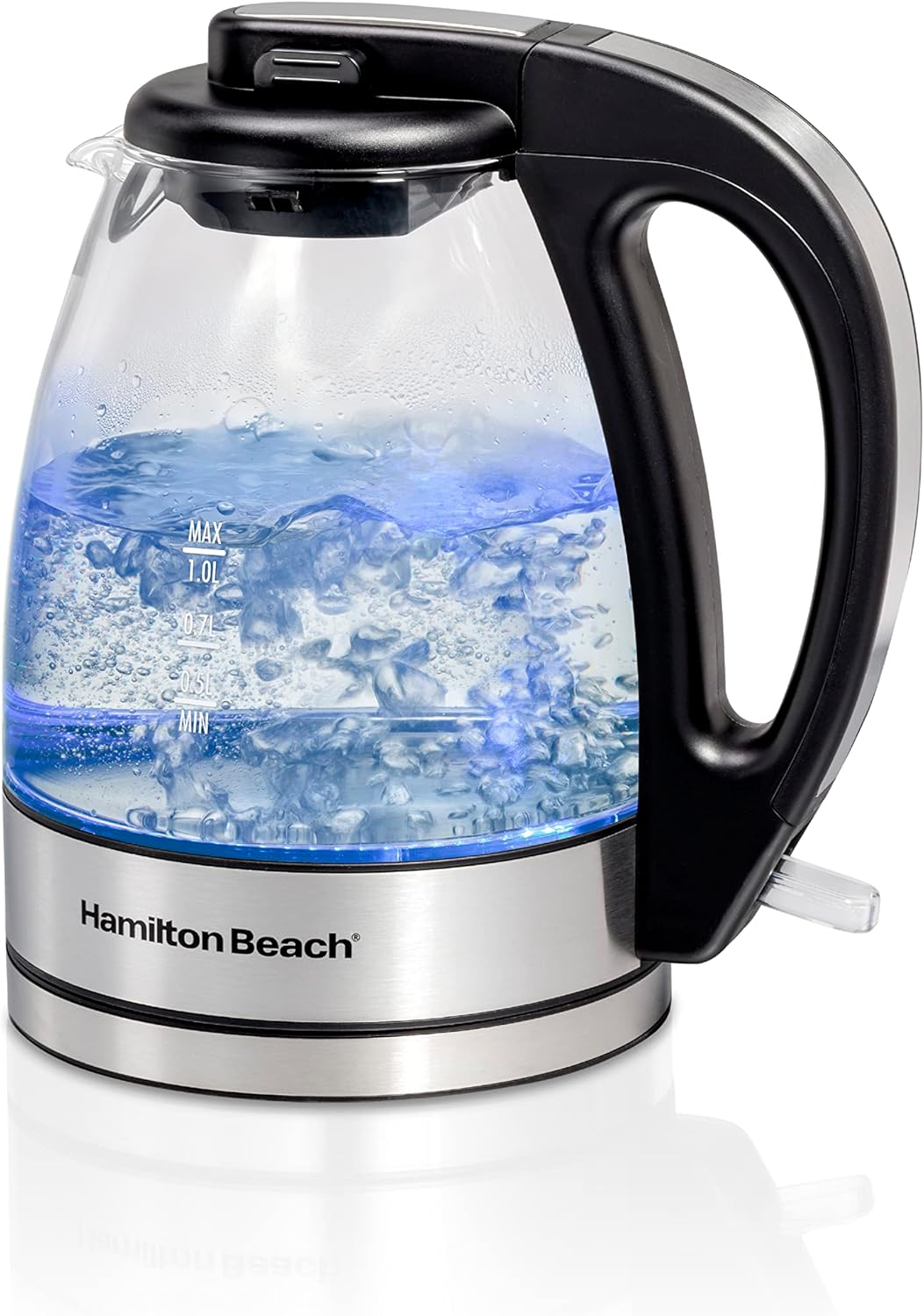 Hamilton Beach Glass Electric Tea Kettle, Water Boiler & Heater, 1 Liter, 1500 Watts for Fast Boiling, BPA Free, Cordless Serving, Auto-Shutoff & Boil-Dry Protection, Soft Blue LED (40930)