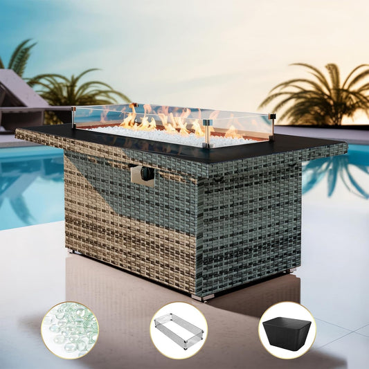 SUMELL 43in Glass Top Fire Pit Table 55,000 BTU Flame, Hand Weave Rattan, Aluminum Frame, Wind Guard, Waterproof Cover & Fire Beads for Outside Garden Patio
