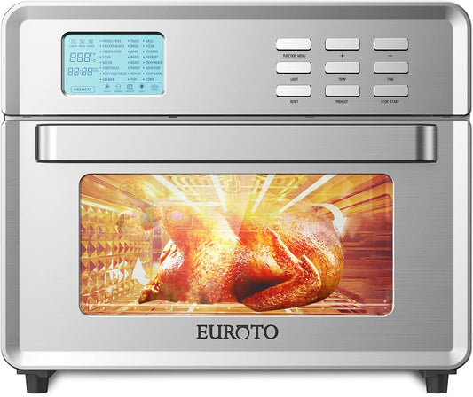 EUROTO Stainless Steel Large Capacity 26.8 QT Air Fryer Oven, 24 in 1 Multi-function, 360 Air Circulation Toaster Oven, LCD digital Display, 4 Layer Shelves, Included Oven Gloves & Apron Up to 450°F