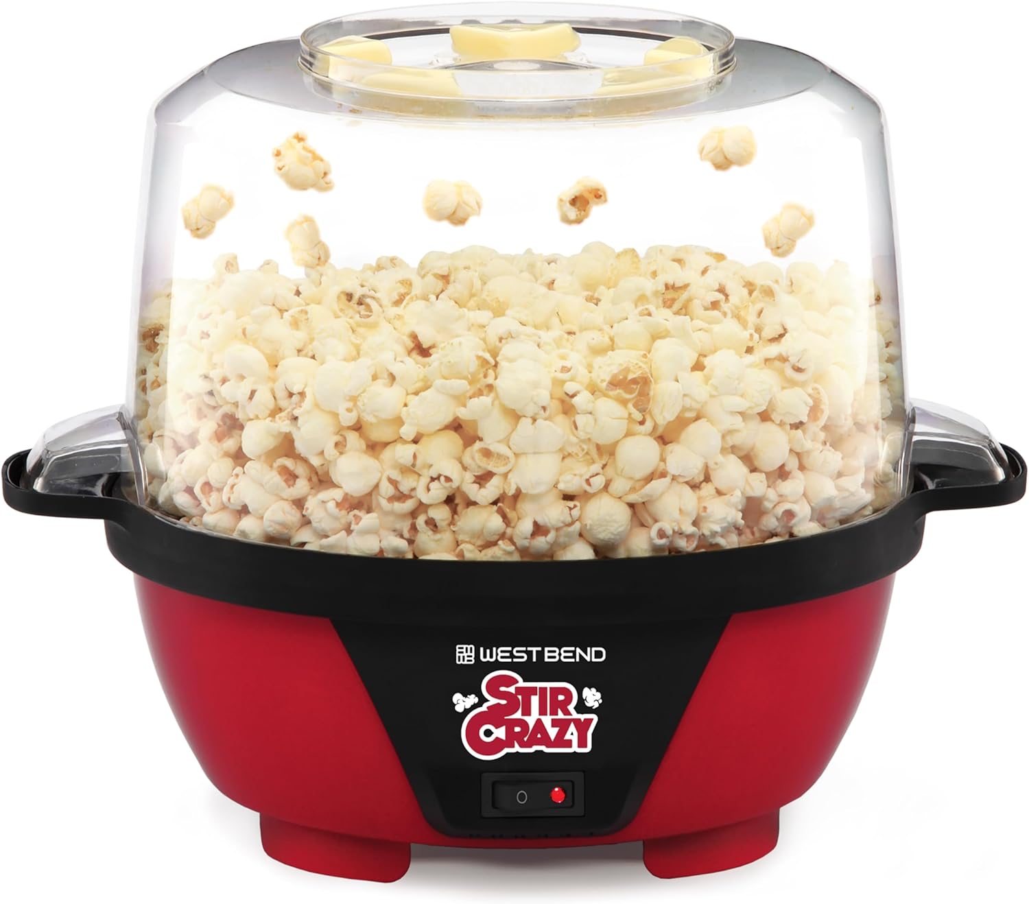 West Bend Stir Crazy Hot Oil Popcorn Popper, Popcorn Maker Machine with Large Serving Bowl Lid and Stirring Rod Perfect for Movie Night Snack Time or Parties, 6-Quart, Red