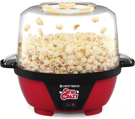 West Bend Stir Crazy Hot Oil Popcorn Popper, Popcorn Maker Machine with Large Serving Bowl Lid and Stirring Rod Perfect for Movie Night Snack Time or Parties, 6-Quart, Red
