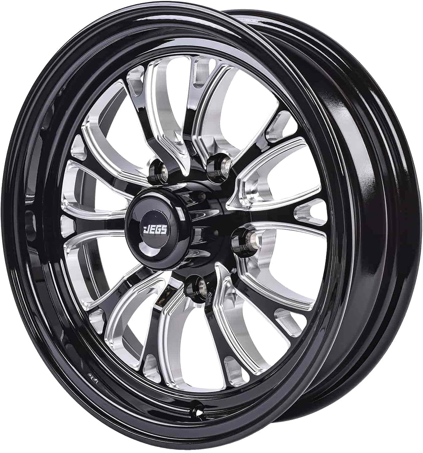 JEGS SSR Spike Wheel 15 x 4 | 5 x 5” Wheel Bolt Pattern Spacing | -19 mm Offset | 1.75” Backspacing | Gloss Black With Milled Spoke Accents | 3.27” Center Bore